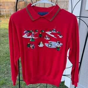 90’s collared embroidered Karen Scott Festive Red Sweater with Holiday Motifs